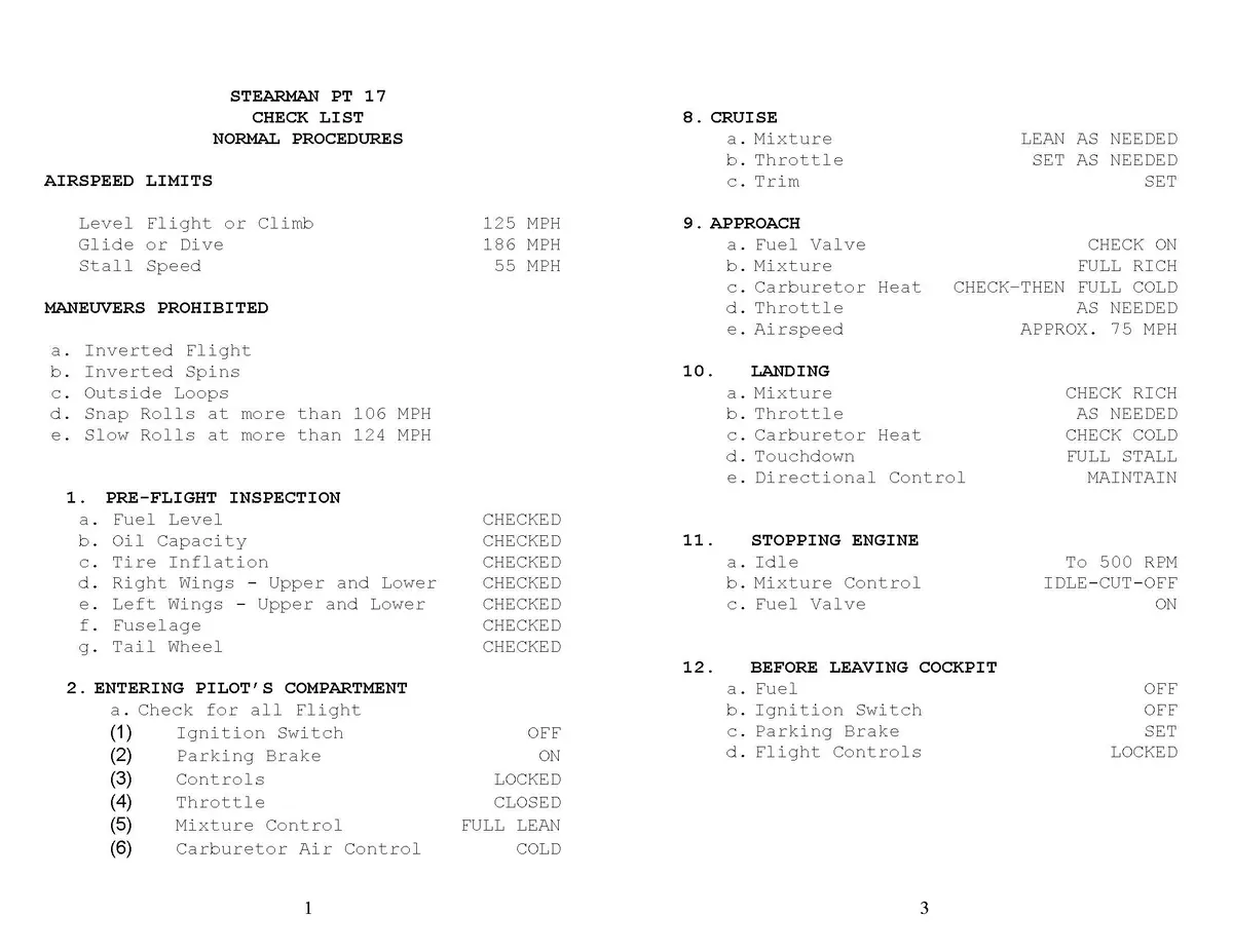 Stearman Pt-17 Pilot's Checklist (Stpt17-Cl-C) 1