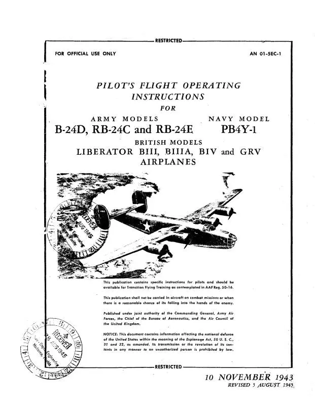Vultee, Consolidated B-24D,Rb-24C,Rb-24E 1943 Pilot's Flight Operating Instructions Manual (01-5Ec-1) 1
