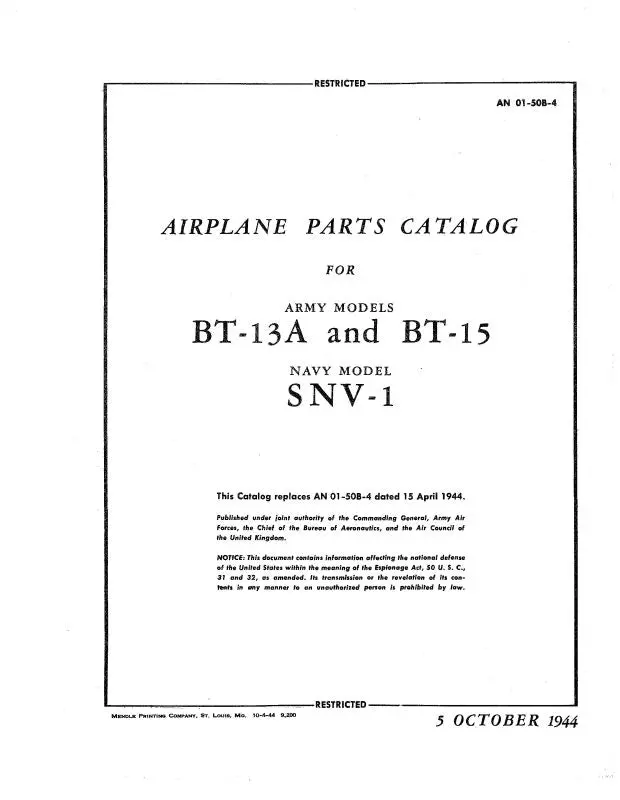 Vultee, Consolidated Bt-13A & Bt-15 Army 1944 Parts Catalog (An-01-50B-4) 1