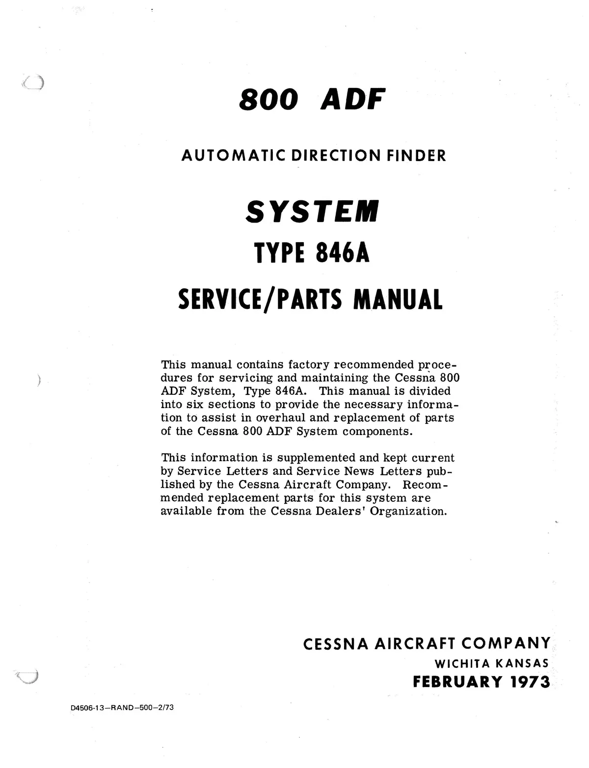Cessna 800 Adf (Fixed Loop) Type 846A 1973 Maintenance & Parts Manual (D4506-13) 1