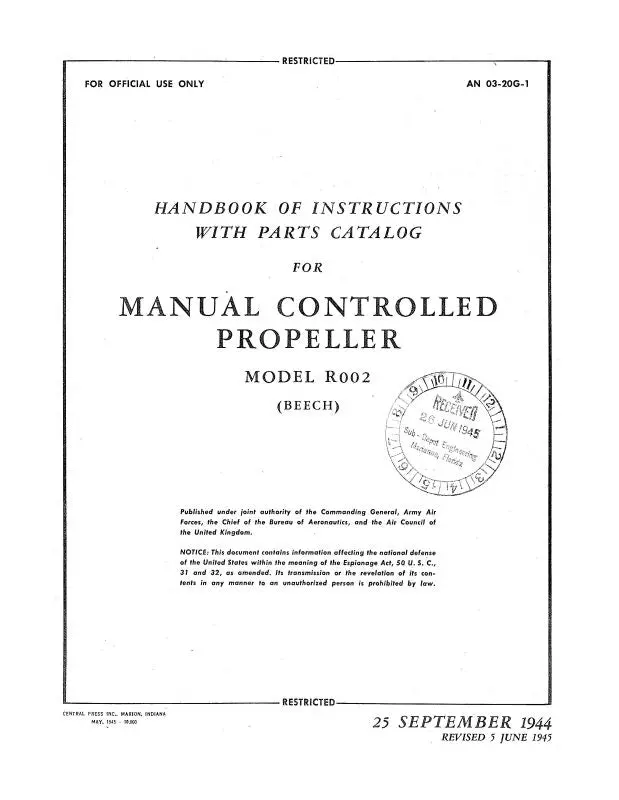 Beech R002 Manual Controlled Prop Handbook Of Instructions With Parts Catalog (03-20G-1) 1