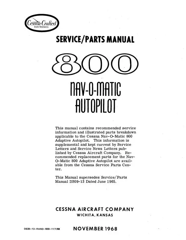 Cessna 800 Navomatic Autopilot 1968 Maintenance, Parts (D639-13) 1