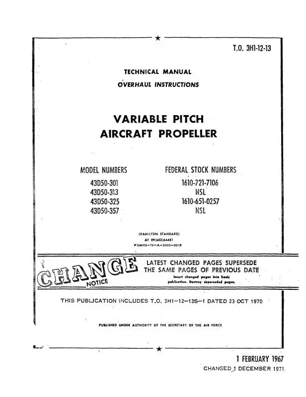 Hamilton Standard 43D50 Variable Pitch Props1967 Overhaul Manual (3H1-12-13) 1