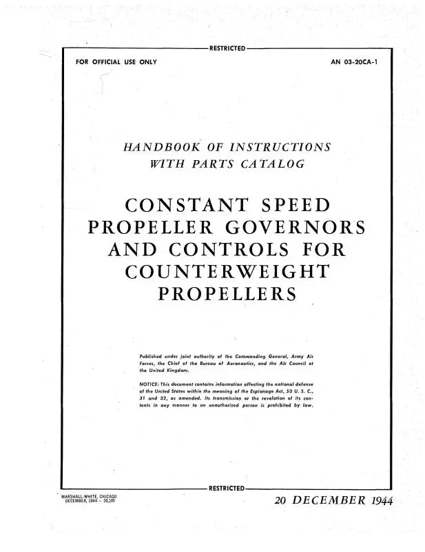 Hamilton Standard Constant Speed Propeller Governor Parts Catalog With Instructions (03-20Ca-1) 1