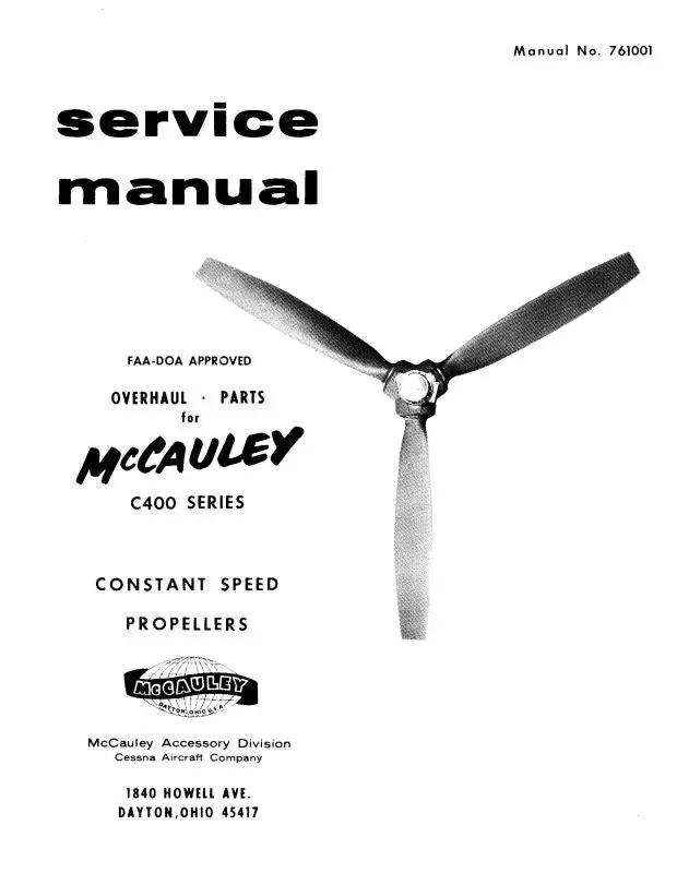 Mccauley Propellers C400 Series Constant Speed Maintenance, Overhaul, Parts (761001) 1