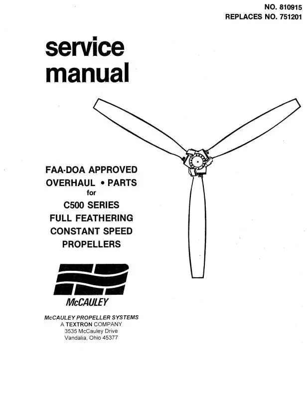 Mccauley Propellers C500 Series Full Feathering Maintenance, Overhaul, Parts (810915) 1