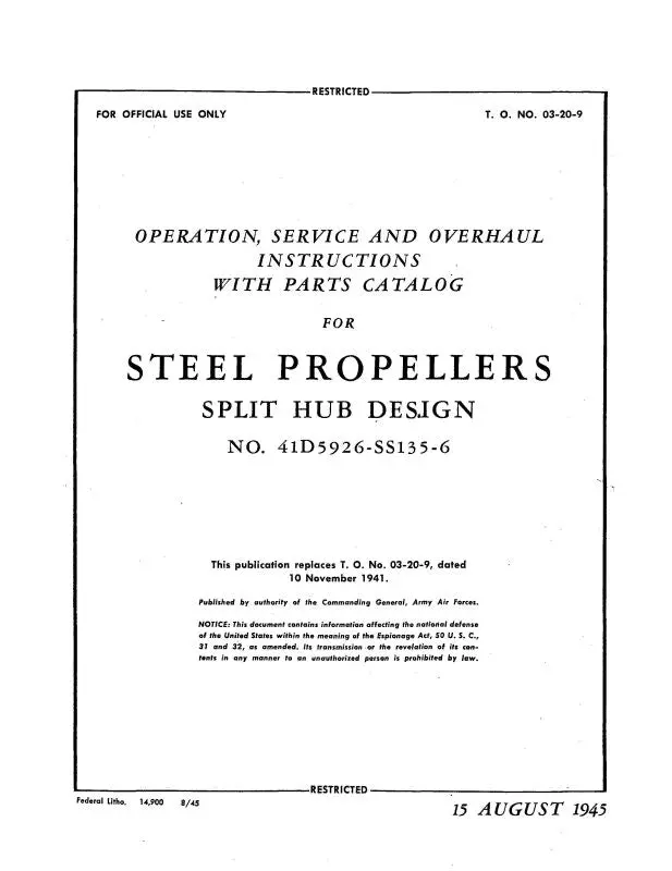 Mccauley Propellers Steel Props No 41D5926-Ss135-6 Ops, Service, Overhaul, Parts (3/20/2009) 1
