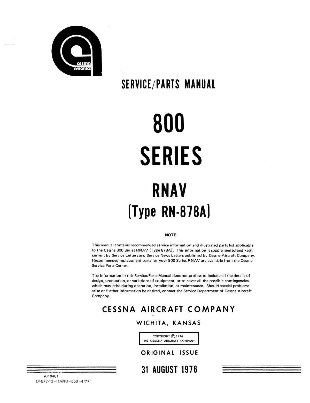 Cessna 800 Ser Rnav Rn-878A 1976 Maintenance & Parts Manual (D4572-13) 1