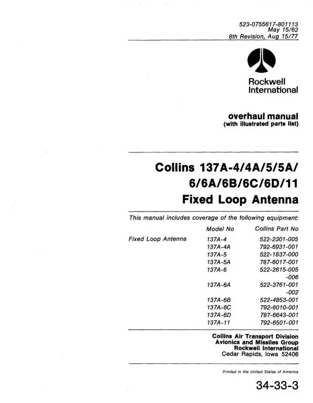 Collins 137A-4-4A-5-5A-6-6A-6B-6C-6D-1 Overhaul Manual With Parts List (520-0755617-801) 1