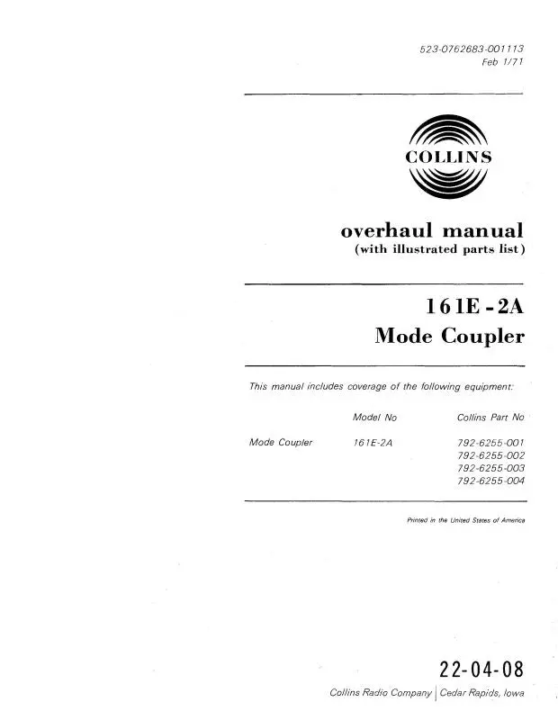 Collins 161E-2A Mode Coupler 1971 Overhaul Manual With Parts List (520-0762683-101) 1