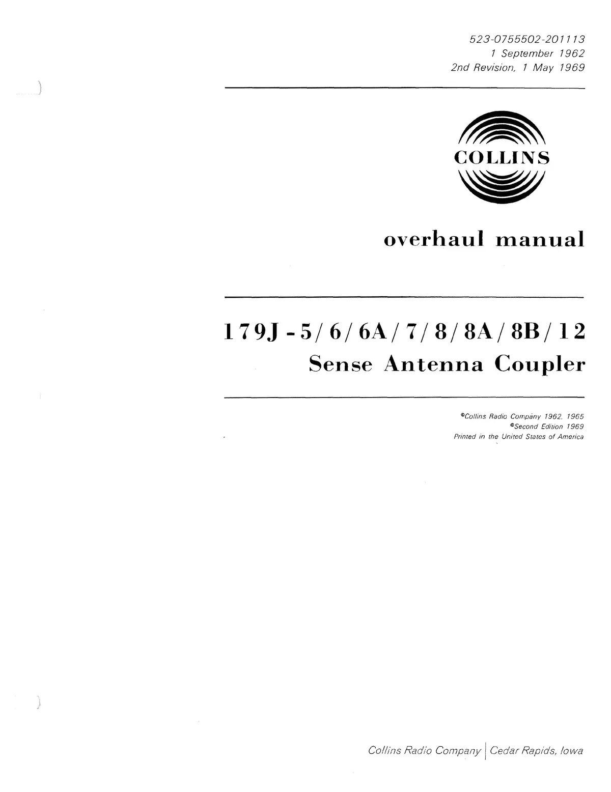 Collins 179J-5-6-6A-7-8-8A-8B-12 1962 Overhaul Manual (523-0755502-201) 1