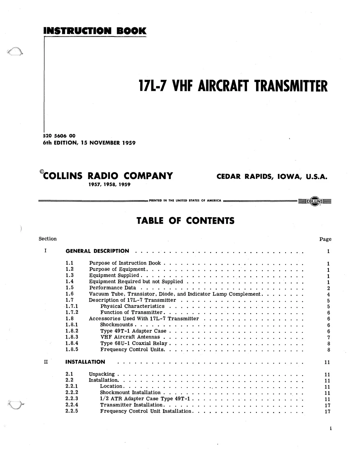Collins 17L-7 1959 Instruction Book (520-5606-00) 1