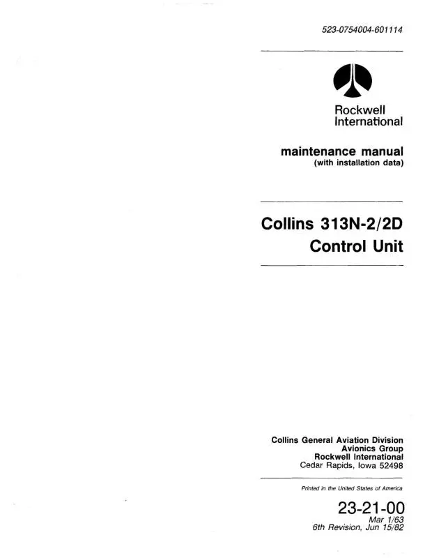 Collins 313N-2-2D Control Unit 1963 Maintenance Manual With Installation Data (523-0754004-601) 1