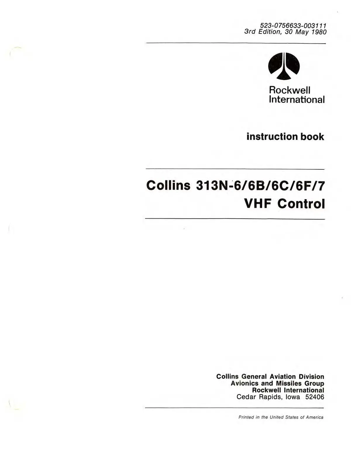 Collins 313N-6-6B-6C-6F-7 1980 Instruction Book (523-0756633-003) 1