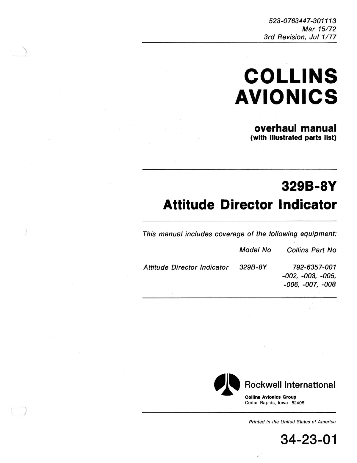 Collins 329B-8Y Overhaul Manual With Illustrated Parts List (523-0763447-301113) 1