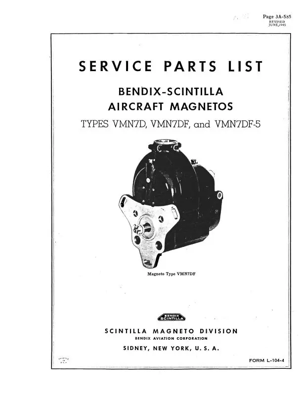 Bendix Vmn7d, F, F-5 Magnetos Parts (L-104-4) 1