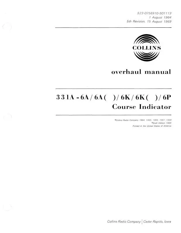 Collins 331A-6A-6A( )-6K-6K( )-6P 1964 Overhaul Manual (523-075690-5011) 1