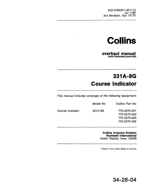 Collins 331A-8G Course Indicator 1969 Overhaul Manual (With Illustrated Parts List) (523-0760251-301) 1