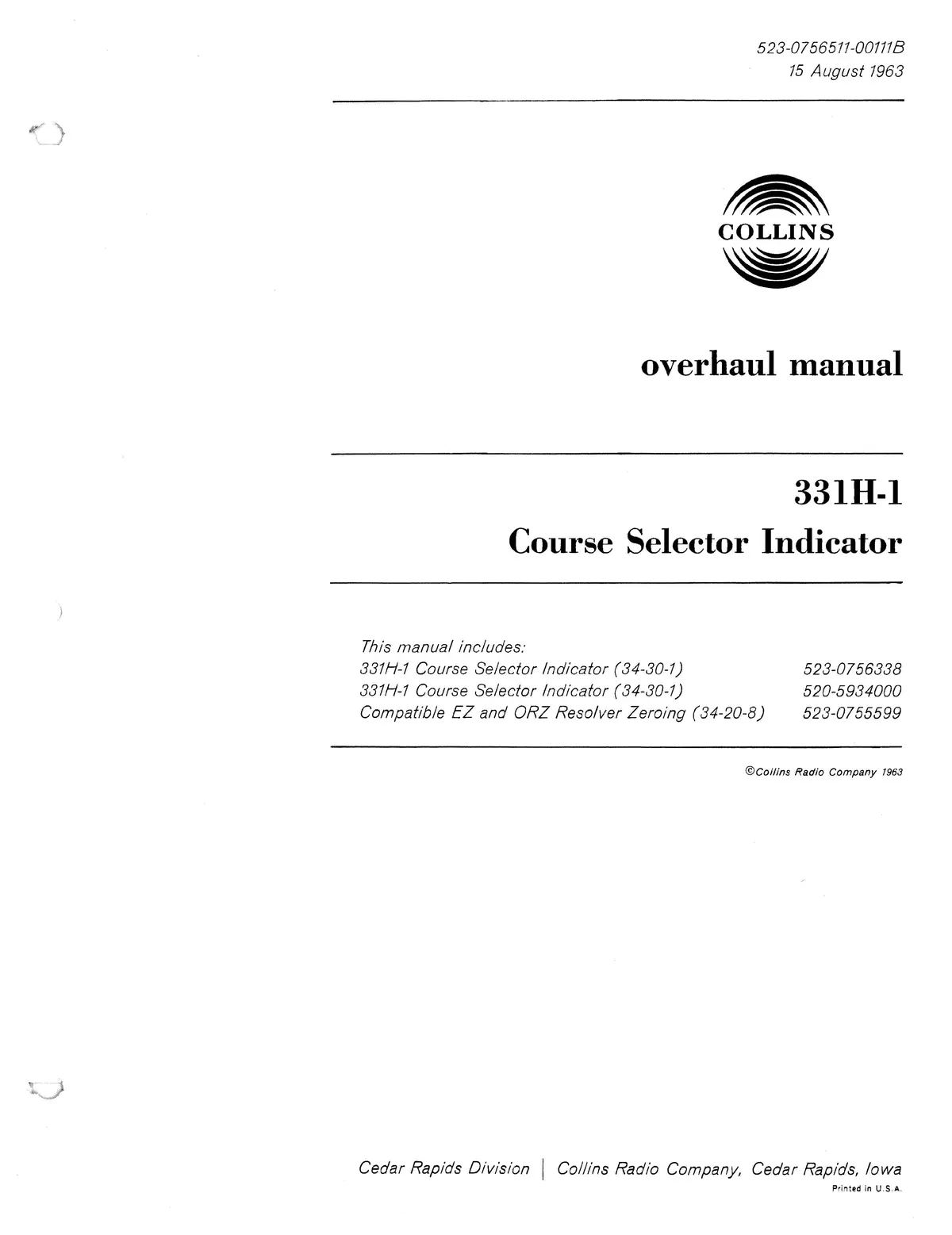 Collins 331H-1 1963 Overhaul Manual With Illustrated Parts (523-0756511-00111B) 1