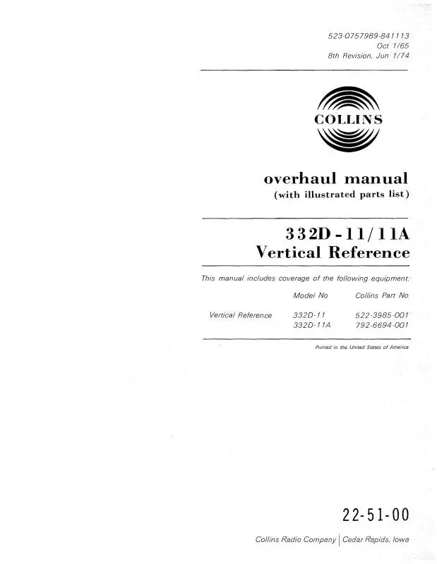 Collins 332D-11-11A Vertical Reference Overhaul Manual With Illustrated Parts List (520-0757989-841) 1