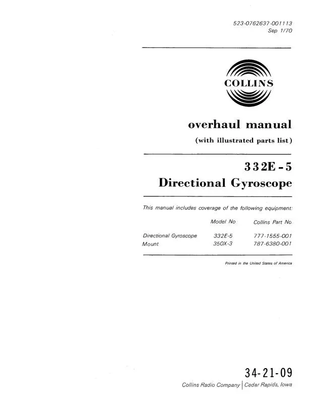 Collins 332E-5 Directional Gyroscope Overhaul Manual (With Illustrated Parts List) (523-0762637-001) 1
