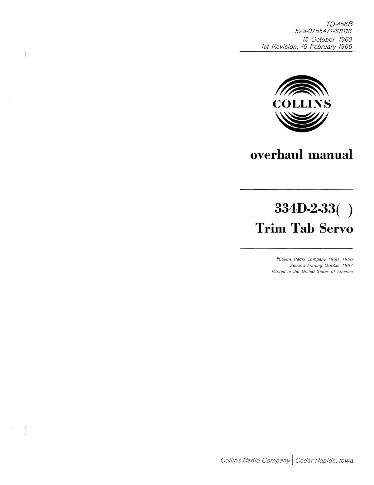Collins 334D-2-33( ) Trim Tab Servo Overhaul Manual (523-0755471-101113) Td-456B 1