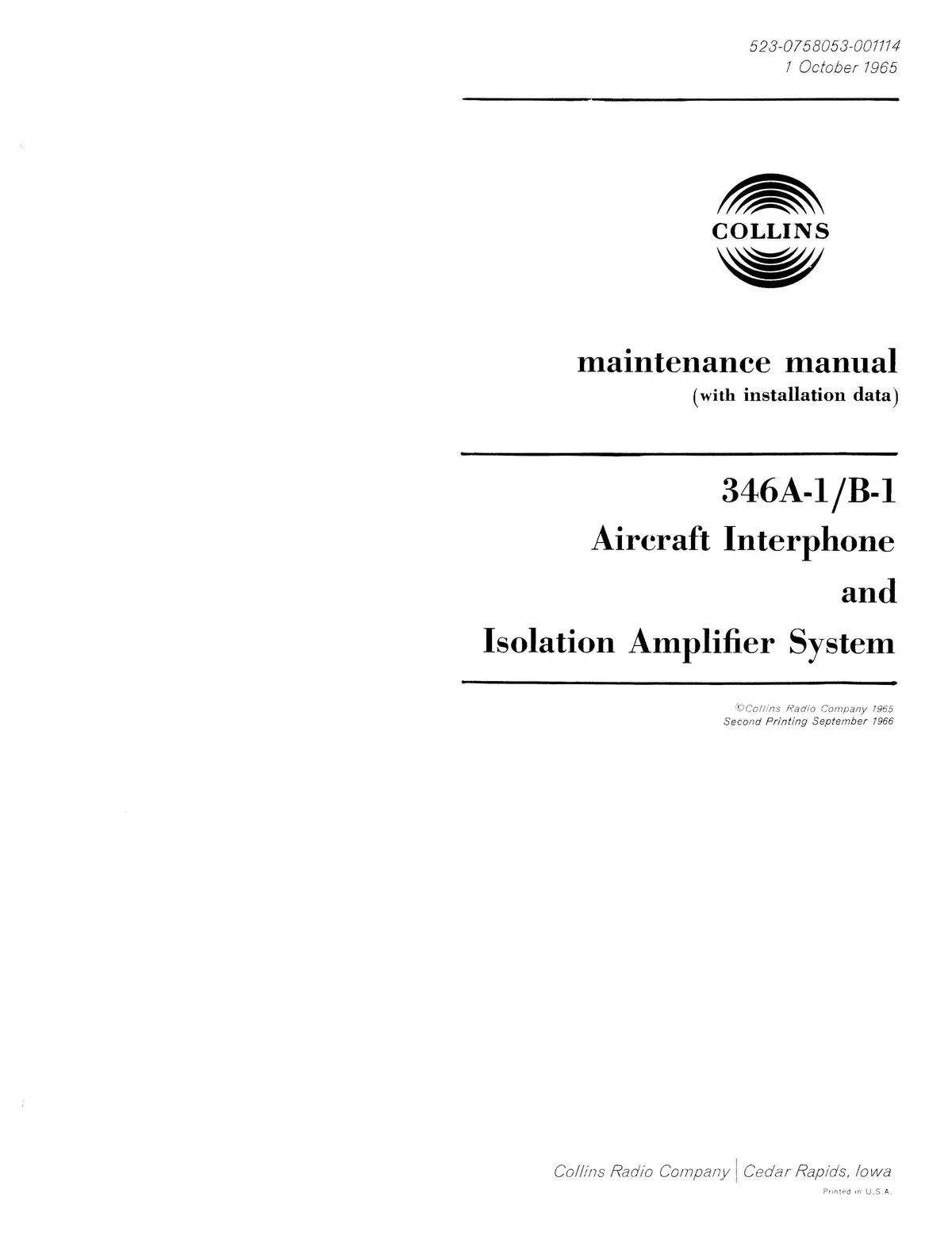 Collins 346A-1-346B-1 Maintenance Manual With Installation Data (520-0758053-001114) 1