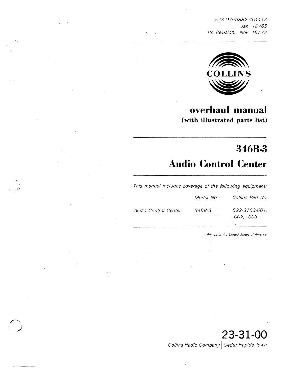 Collins 346B-3 Audio Control Center Overhaul Manual With Illustrated Parts List (523-0756882-401) 1