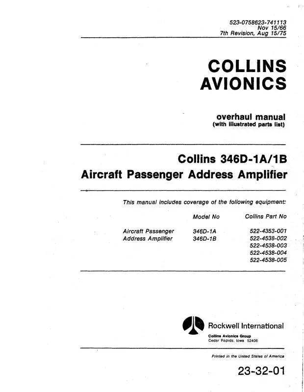 Collins 346D-1A-1B 1966 Overhaul Manual With Illustrated Parts List (523-0758623-741) 1