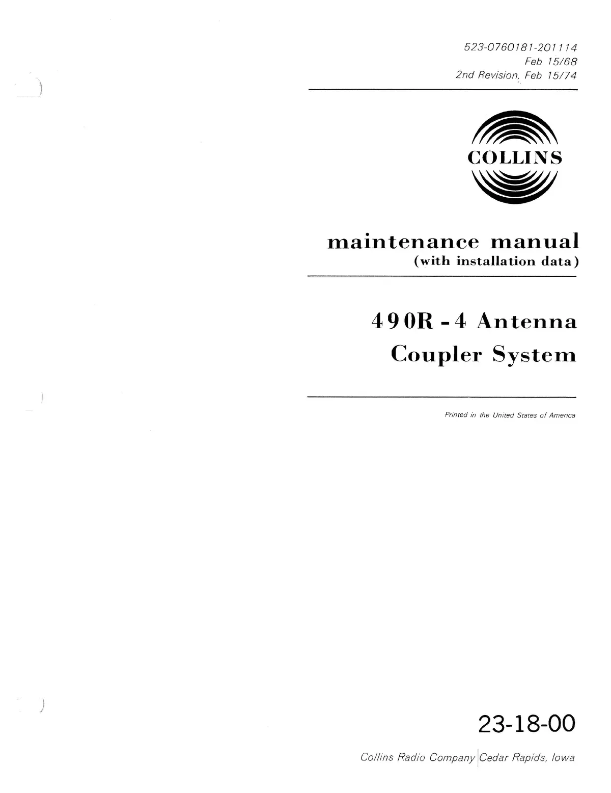 Collins 490R-4 Antenna Coupler System Maintenance Manual With Installation Data (523-07960181-20) 1