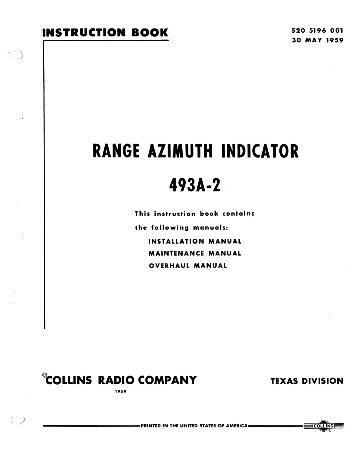 Collins 493A-2 Range Azimuth Indicator Instruction Book (520-5196-001) 1