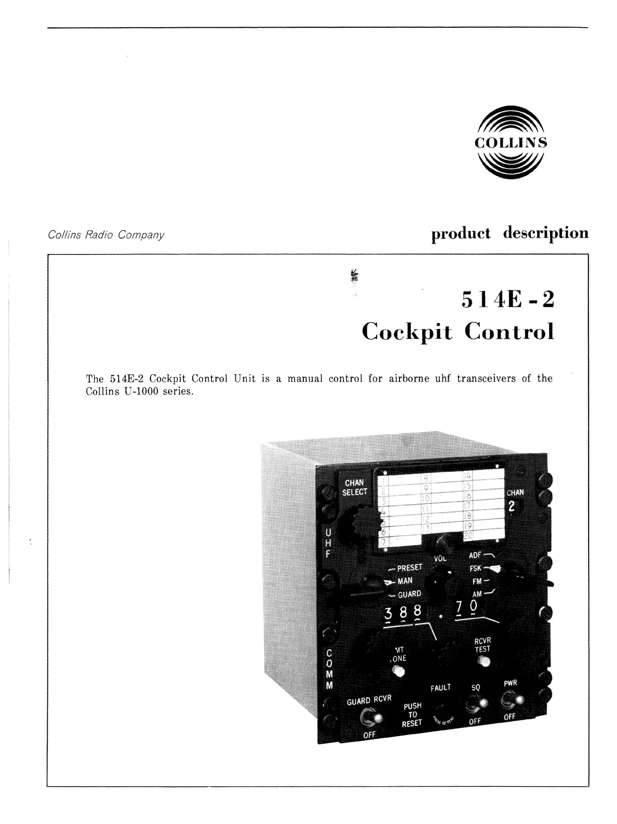 Collins 514E-2 Cockpit Control 1967 Product Description (523-0759636-00111J) 1