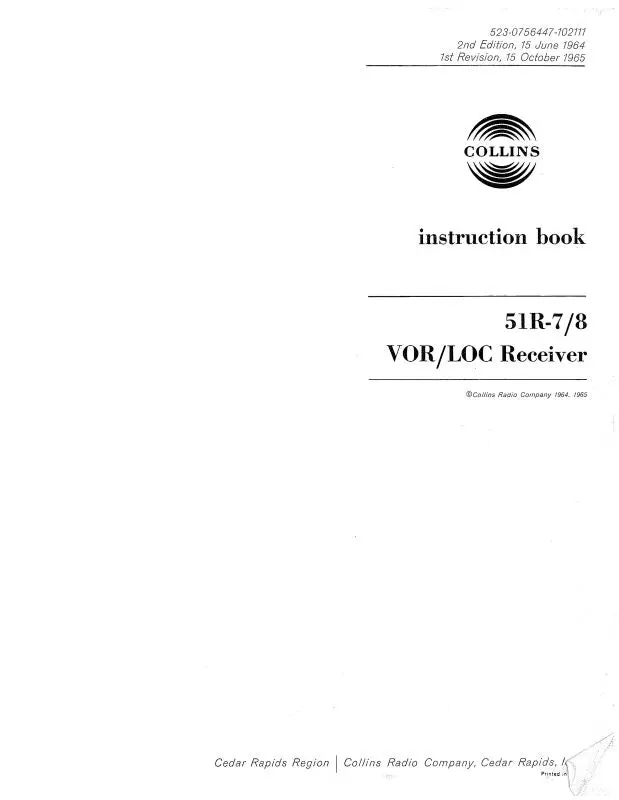 Collins 51R-7-8 Vor-Loc Receiver 1964 Instruction Book (523-0756447-001) 1