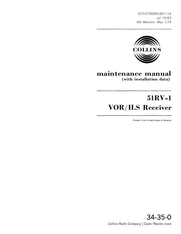 Collins 51Rv-1 Vor-Ils Receiver 1963 Maintenance Manual With Installation Data (523-0736004-501) 1