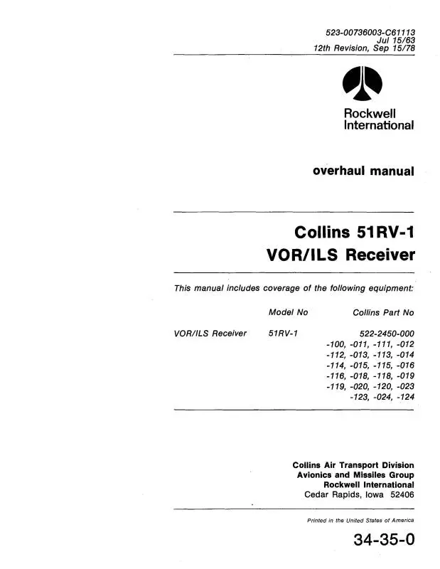 Collins 51Rv-1 Vor-Ils Receiver 1963 Overhaul Manual (523-00736003-C6) 1