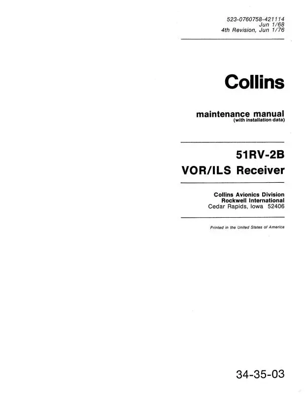 Collins 51Rv-2B Vor-Ils Receiver 1968 Overhaul Manual With Illustrated Parts List (523-0760757-871) 1