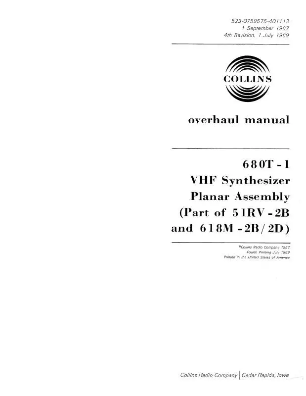 Collins 51Rv-2B,618M-2B-2D 1969 Overhaul Manual (523-0759575-401) 1