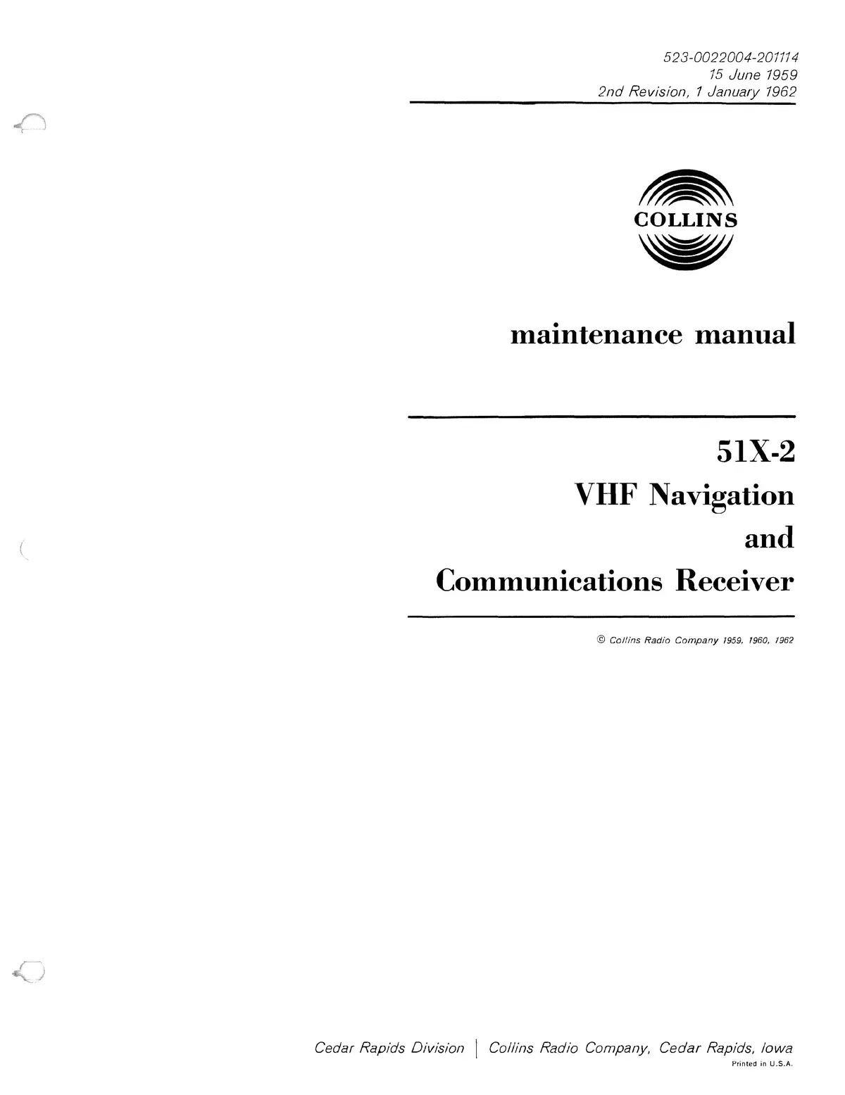 Collins 51X-2 Vhf Navigation And Communications Receiver Maintenance Manual (523-0022004-201114) 1