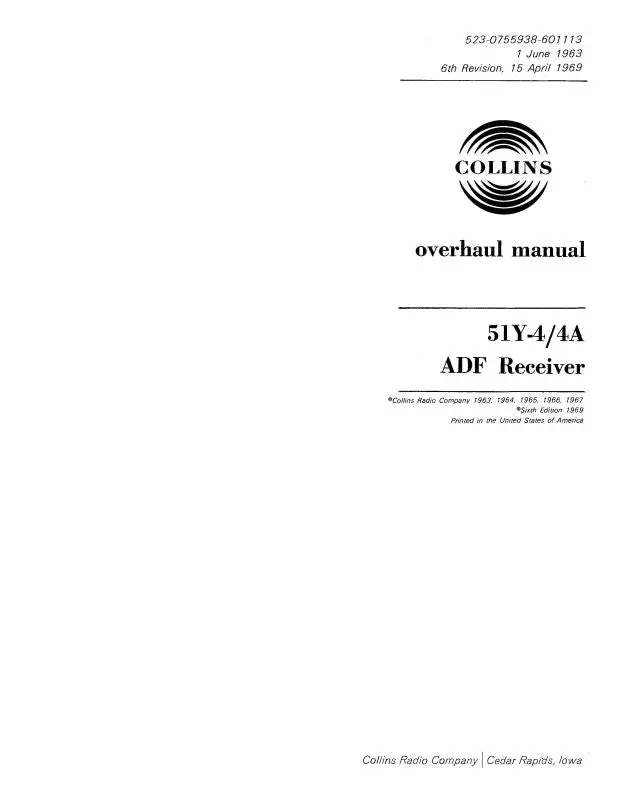 Collins 51Y-4-4A Adf Receiver 1963 Overhaul Manual (523-0755938-601) 1