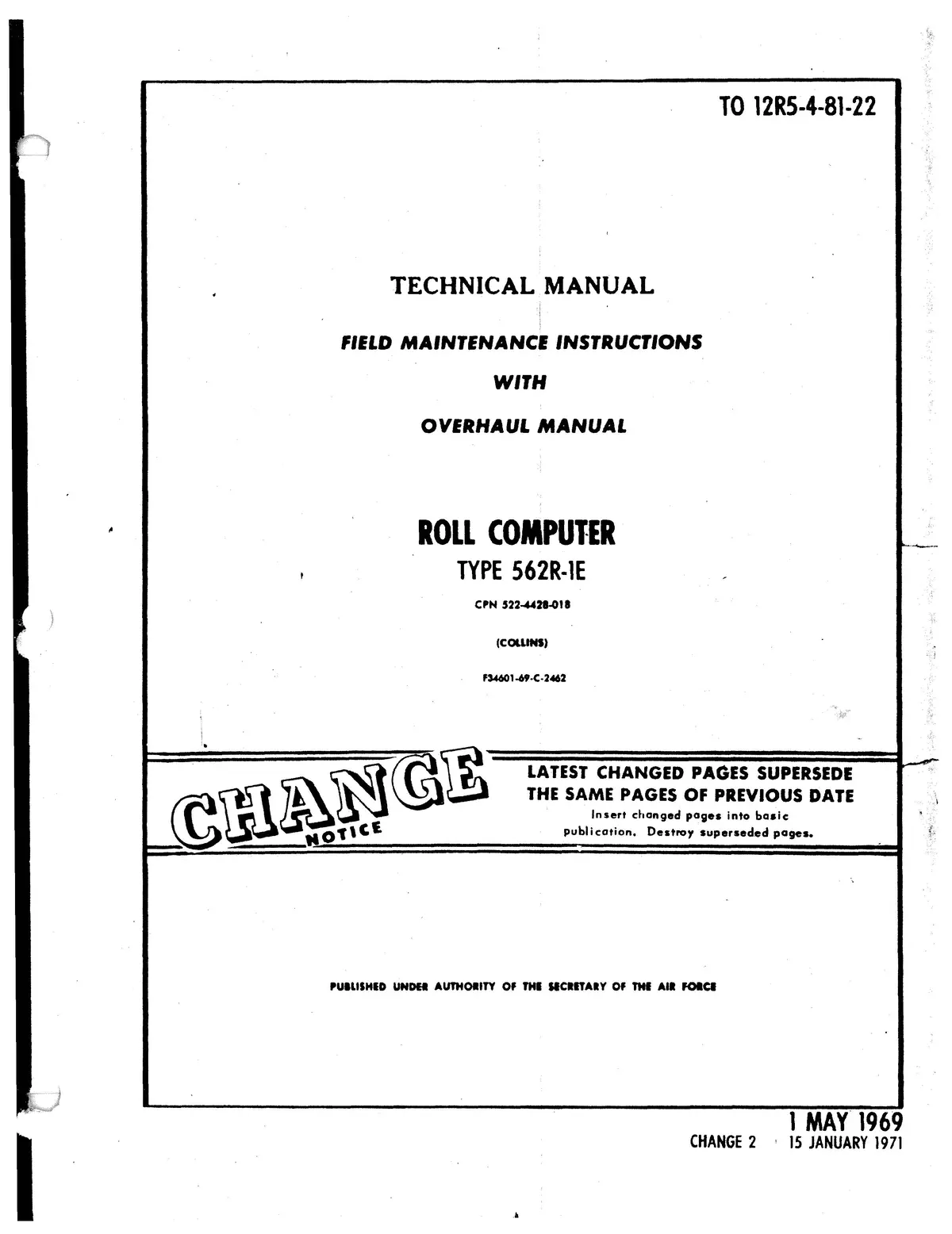 Collins 562R-1E Roll Computer 1969 Field Maintenance Instructions With Overhaul Manual (12Rs-4-81-22) 1