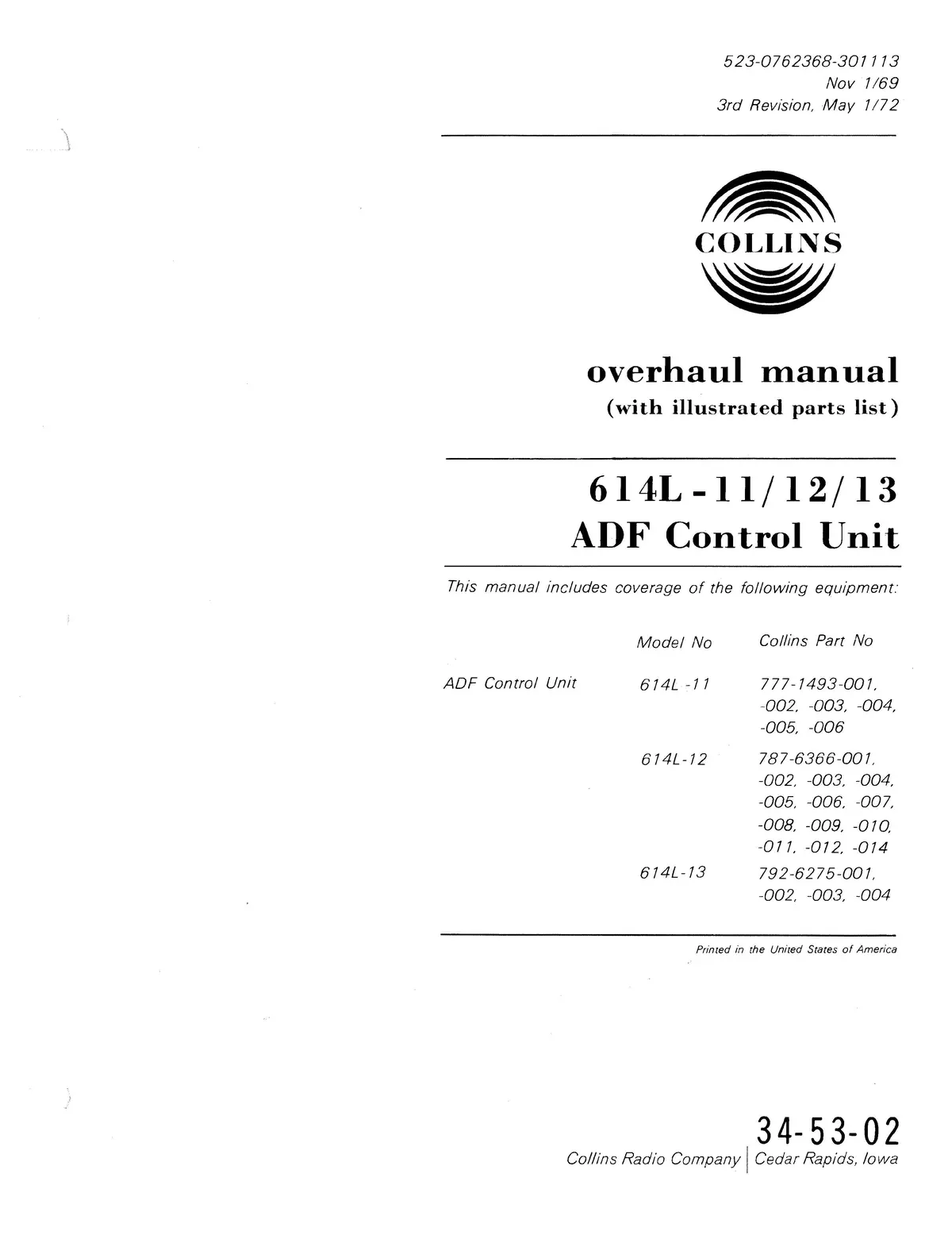 Collins 614L-11-12-13 Adf Control Unit Overhaul Manual With Illustrated Parts List (523-0762368-301) 1