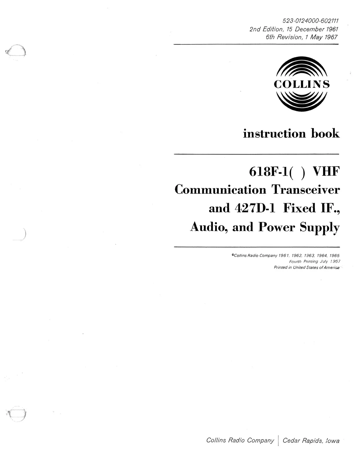 Collins 618F-1 Vhf Comm Transceiver Instruction Book (520-012-4000-60) 1