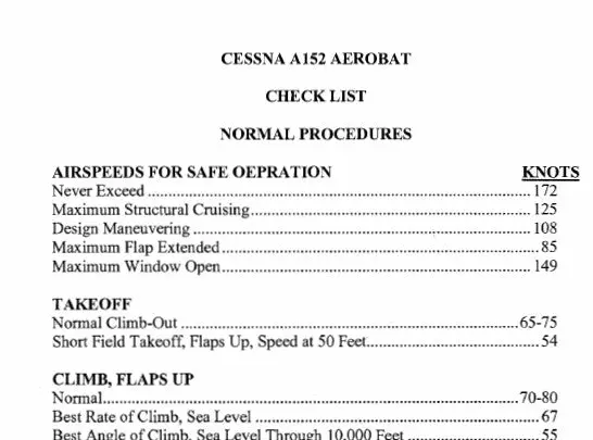 Cessna A152 Pilot's Checklist 1