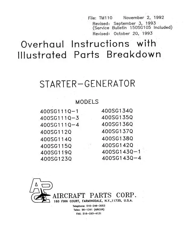 Aircraft Parts Corp. Starter-Generator 1992 Overhaul Instructions With Illustrated Parts (Tm110) 1