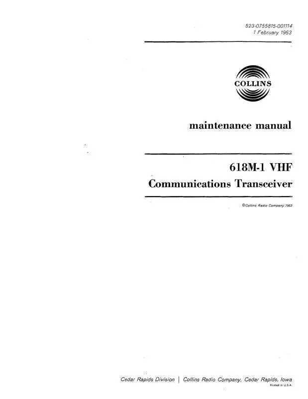 Collins 618M-1-1( ) Vhf Comm Transceiver Maintenance Manual With Installation Data (523-0755815-101) 1
