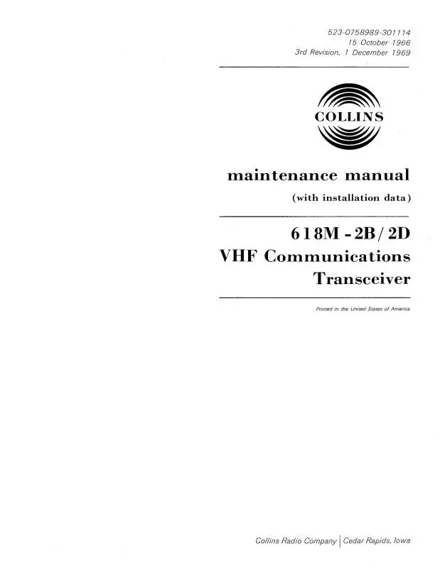 Collins 618M-2B-2D Vhf Comm Transceiver Maintenance Manual With Installation Data (523-0758989-301) 1