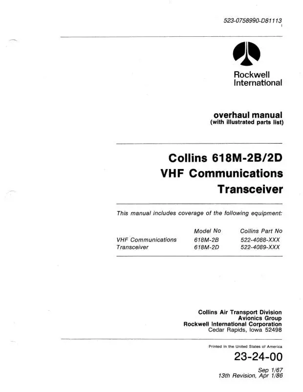 Collins 618M-2B,2D Vhf Comm 1986 Overhaul With Illustrated Parts (523-0758990-D81) 1
