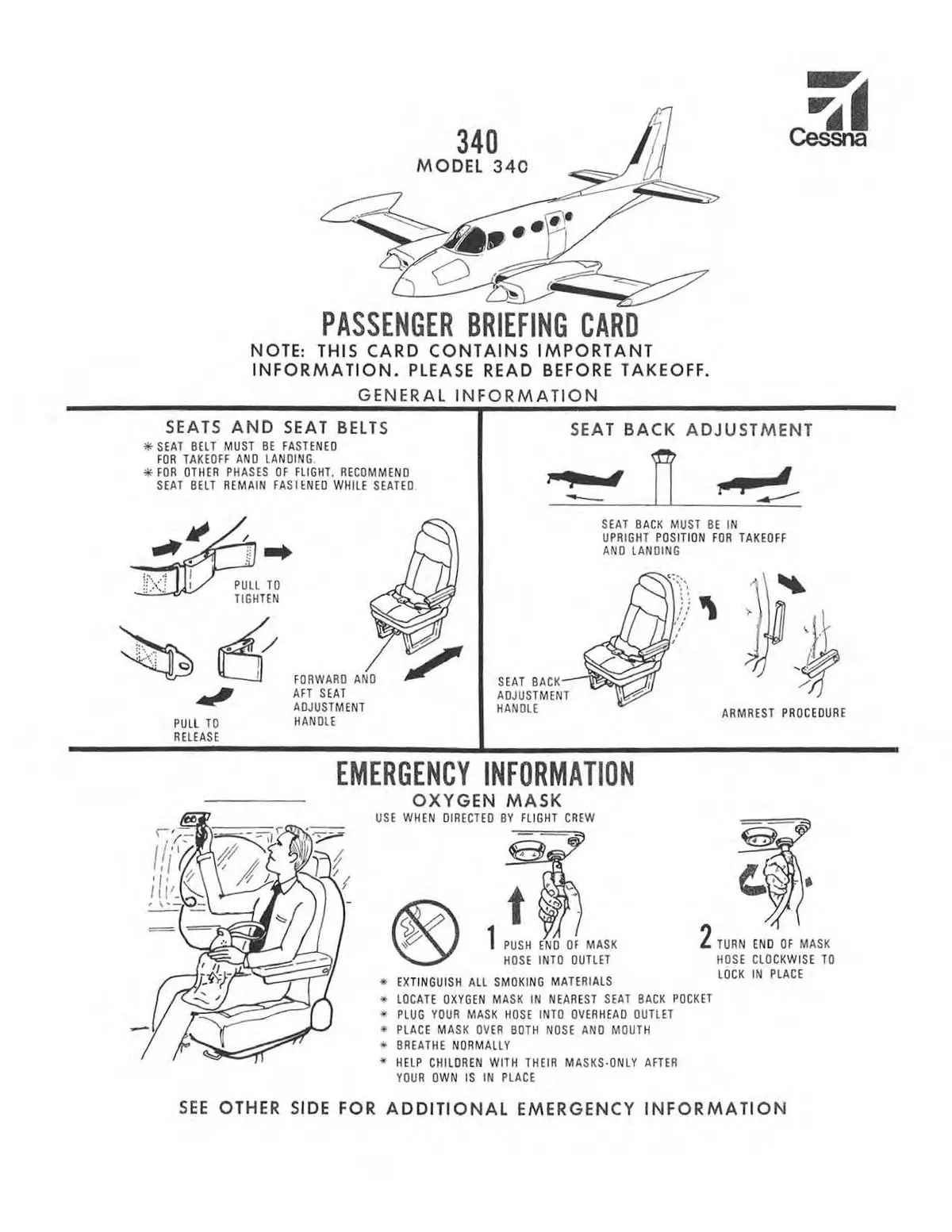 Cessna 340 Passenger Briefing Cards 1