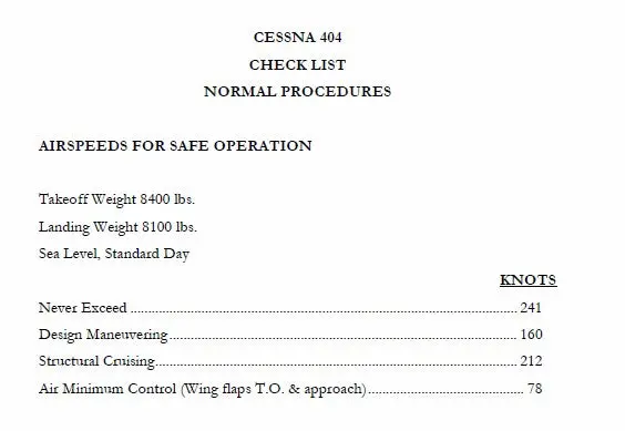 Cessna 404 Pilot's Checklist 1