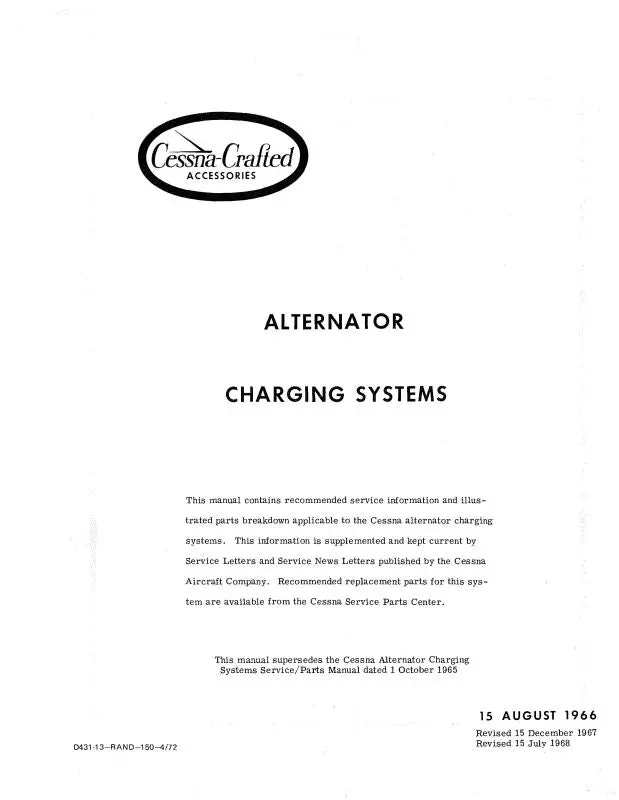 Cessna Alternator Charging Sys 1968 Maintenance-Parts (D431-13) 1